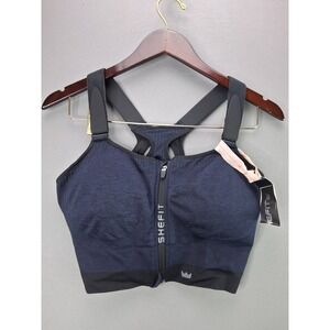 SHEFIT Sports Bra Low Impact 4Luxe Size Small Navy Blue Front Zip Racerback